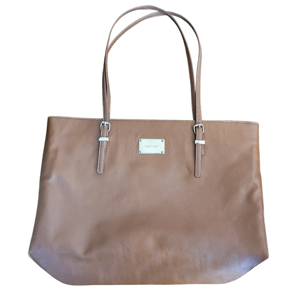 Nine West Cognac Brown Faux Leather ToteBag Leopard Print Lining Silver Hardware